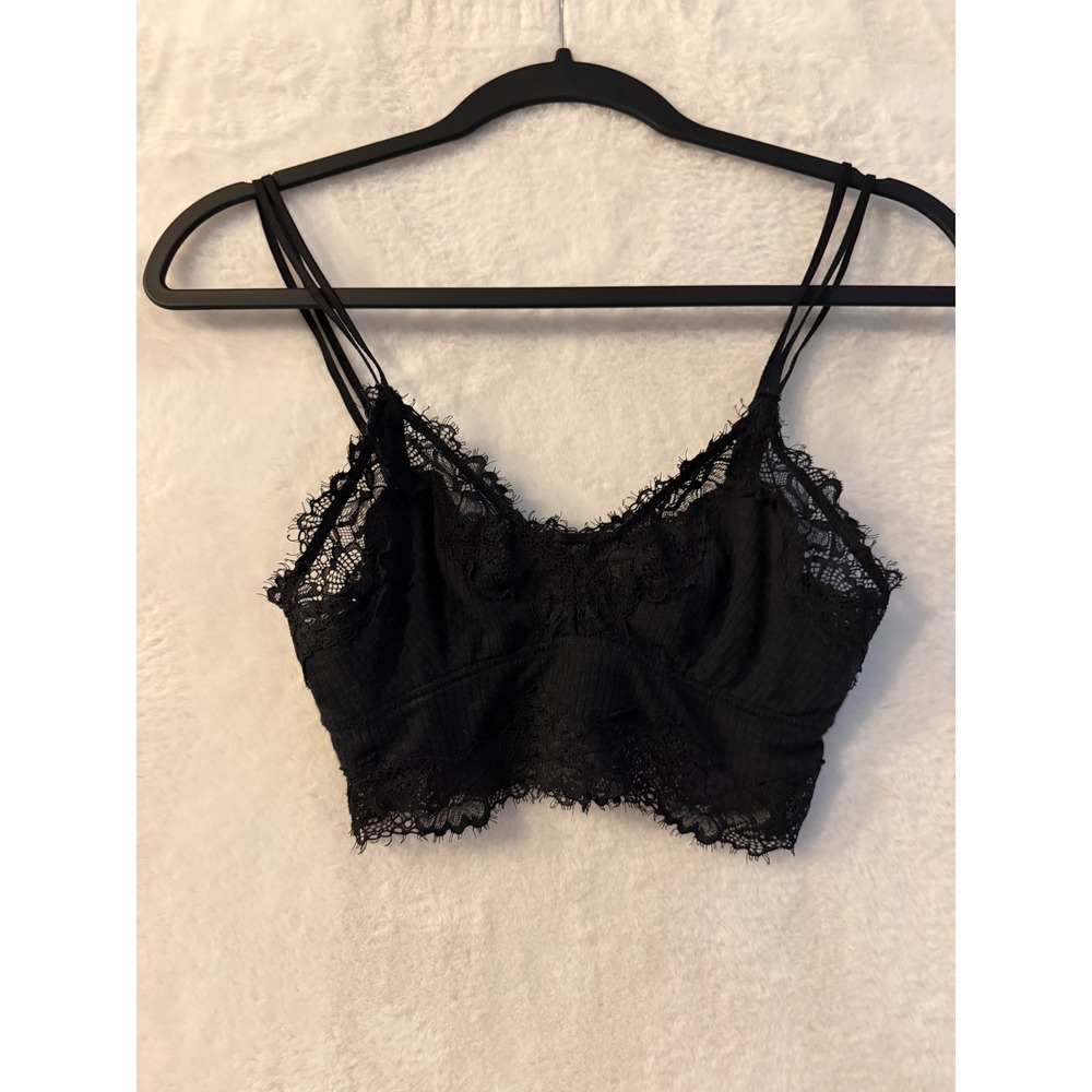 Aerie Black Lace Bralette Womens Small Ribbed Eyelash Trim Longline Crop Top